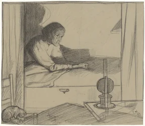 Kvinna överhuset, sittande i sängen (andra utkastet)