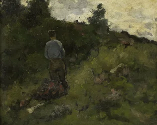 En bonde som går längs kanten av en skog