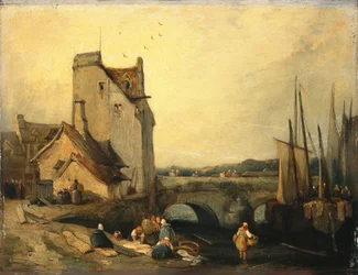 Utsikt i Bretagne: Bridge, Cottages and Washerwoman (olja på panel)