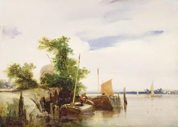 Pråmar på en flod, ca 1825-26 (olja på kvarnbräda) (signerad)