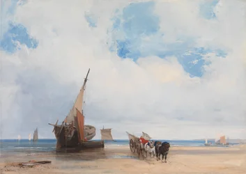 Strandade fartyg och en vagn nära Trouville