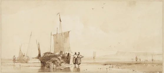 Fiskebåtar på sanden vid Normandies kust