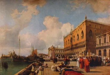 Venedig: Ducal Palace med en religiös procession, c1828