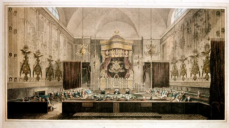 Vy över House of Lords, överhuset i Storbritanniens parlament. Gravyr av Rothwell. 1800-talets Parker Gallery, London