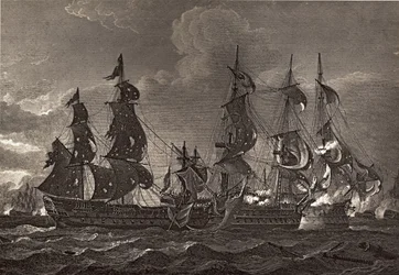 HMS Captain boarding the San Nicholas and the San Josef, illustration fra 