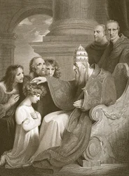 Prins Alfred före påven Leo den III, graverad av J. Stow, illustration från David Humes "The History of England", pub. av R. Bowyer, London, 1812