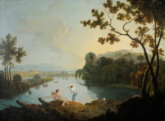 Klassiskt landskap med pojkar som badar (olja på duk)
