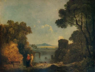 Italienskt flodlandskap med en trasig bro, c1779, 1938