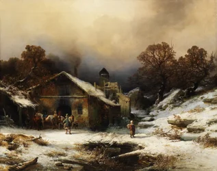 Snöigt landskap med bondgård
