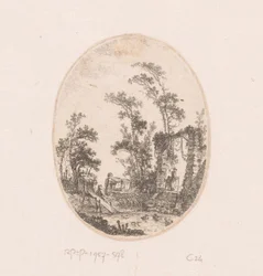 Ankdamm med några träd runt omkring Samling av vyer, landskap, antika fragment och historiska ämnen (serietitel) Recueil de griffonis, de vues, paysages, fragment antiques et sujets historiques (serietitel)