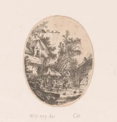 Utsikt över en flod där kvinnor tvättar Samling av vyer, landskap, antika fragment och historiska ämnen (serietitel) Recueil de griffonis, de vues, paysages, fragment antiques et sujets historiques (serietitel)