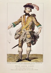 Satiriskt tryck i form av en "Efterlyst affisch" för prins Charles Edward Stuart, 1745 (färgad gravyr)
