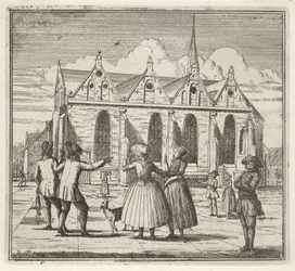 Män och kvinnor på ett torg nära Grote Kerk i Leeuwarden Vintern. (serietitel) Winter Scenes (serietitel)