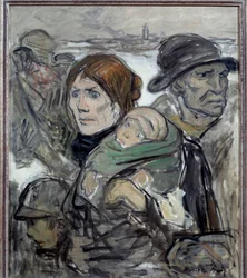 Exodus Familj av invandrare på vägarna. Målning av Robert Noir (1864-1931) 1900-talets Vernon, Musee Poulain