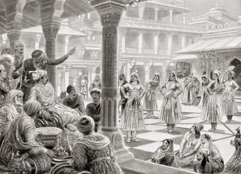 Akbar spelar pachisi eller chaupur med levande pjäser vid Fatehpur Sikri 1575, från Hutchinson