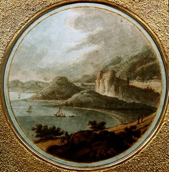 Slott ovanför en havsvik med skepp, ca 1775 (penna och bläck med akvarell på papper)