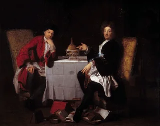 Två epikurister Två filosofer pratar vid ett bord. Målning tillskriven Robert Tournieres (1668-1752) Caen från 1700-talet, musee des Beaux Arts