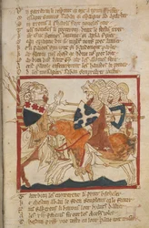 Egerton 3028 f.98 De besegrar saracener som skickats för att möta dem, illustration från 