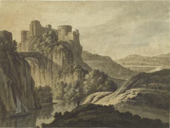 Ett flodlandskap med ett slott på en brant, 1780