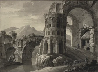 Arkitektonisk fantasi. Ruin av antik bro, flankerad av medeltida torn