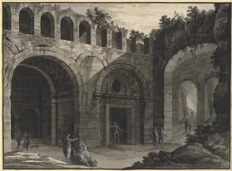 Arkitektonisk fantasi om en innergård av en antik ruin