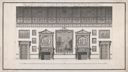 Headfort House, Eating Parlour, Chimney Side (penna och svart bläck och tvätta med penna på papper)