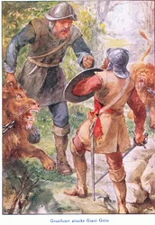 Great Heart attacks Giant Grim, från The Pilgrims Progress publicerad av John F Shaw & Co, ca 1900-talet (färg litho)