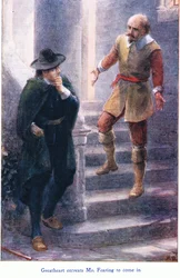 Great Heart vädjar till Mr Fearing att komma in, från The Pilgrims Progress publicerad av John F Shaw & Co, c.1900-talet (färg litho)