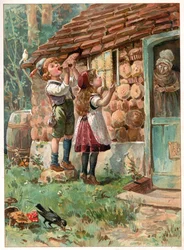 Hansel and Gretel, illustration från "Once Upon a Time" publicerad av Ernest Mister, ca 1900 (lito i färg)
