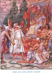 Moses och Aron inför farao (färg litho)