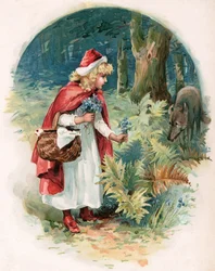 Rödluvan, illustration från "Once Upon a Time" publicerad av Ernest Mister, ca 1900 (lito i färg)