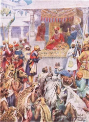 Khan Jahan visar Akbar sina furstliga fångar (färg litho)