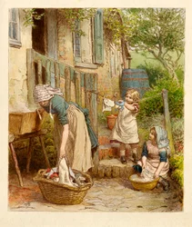 Mor och barn hänger på tvätten, puben. 1854.