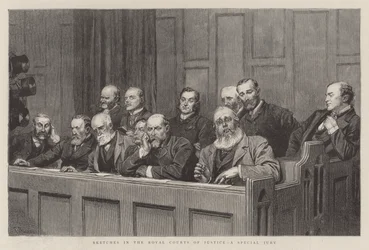 Skisser i Royal Courts of Justice, en särskild jury