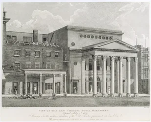 Utsikt över New Theatre Royal, Haymarket, öppnade 4 juli 1821, visar också den relativa situationen för den gamla teatern före rivningen, graverad av Dale, 1822
