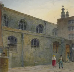 Norra sidan av Guildhall Chapel som visar ingången till Cutthroat Alley, City of London, 1820