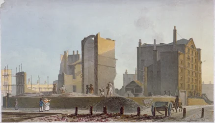 Förstörd byggnad, Commercial Road, Stepney, London, 1820