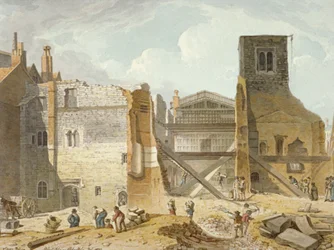 Utsikt över rivningen av Savoy Palace, Westminster, London, 1820