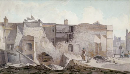 Utsikt över ruinerna av en del av Priory of Holy Trinity, Aldgate, City of London, 1824.