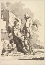 Två soldater och barn som håller en hjälm, 19 juli 1779.