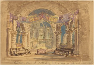 Harold Scene 3 Cathedral (The relics covered with cloth at centre) (penna och svart bläck med akvarell över grafit på ljusbrun kartong)