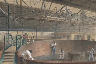 Rulla ihop kabeln i de stora tankarna vid verken av telegrafkonstruktionen..., 1865, 1865.