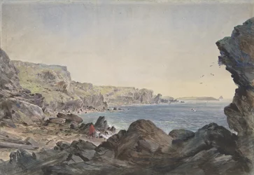 Foilhummerum Bay, Valentia, blickar mot havet från den punkt där kabeln..., 1865-66.