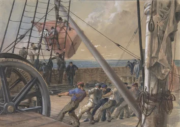 Att ta sig ut en av de stora bojarna för sjösättning, 2 augusti 1865, 1865.