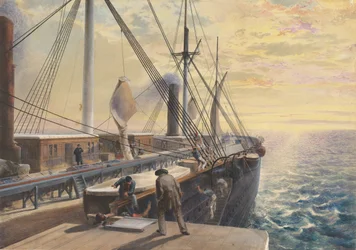 Utsikt, tittar bakåt, från hamnpaddellådan i Great Eastern, visar tråget..., 1865-66.