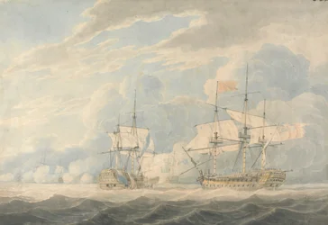 Den holländska viceamiralen under amiral De Winter slog sin flagga till den engelska viceamiralen Onslow under amiral Duncan vid slaget vid Camperdown, 11 oktober 1797