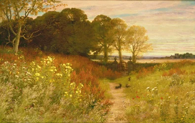 Landskap med vilda blommor och kaniner