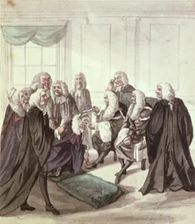 A Peep into Westminster Hall on a Call of Sergeants, 1700-talet (penna och bläck och wc på papper)