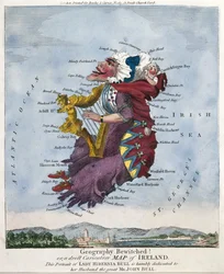 Geografi förhäxad! eller, en tråkig karikatyrkarta över Irland. Detta porträtt av Lady Hibernia Bull är ödmjukt tillägnat hennes man den store Mr John Bull. [ca 1796]