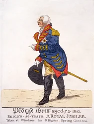 George III av Storbritannien 1810 på sitt femtioårsjubileum, tryck av R Dighton efter hans egen teckning gjord i Windsor, pub. 25 oktober 1810 (färglitografi)